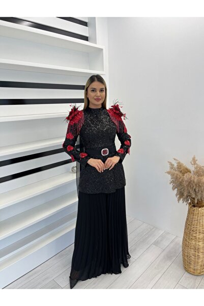 White Corner 2946 PULPAYETLİ OMUZ ÇİÇEK DETAYLI ETEKLİ TAKIM