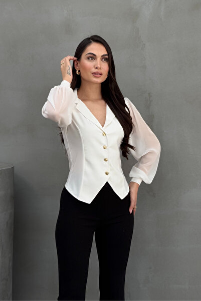 msm fashion Cămașă de damă, cu nasturi, cu mâneci lungi din tul, cu rever, cămașă cu talie