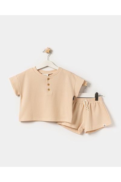 Minipodyum Oversize Patch T-Shirt Shorts Unisex Waffle Kids Summer Double Set