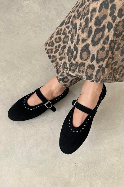 STRASWANS Women's Abner Drop Black Suede Ballerinas