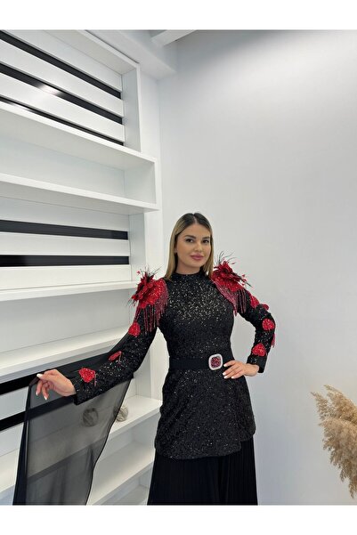 White Corner 2946 PULPAYETLİ OMUZ ÇİÇEK DETAYLI ETEKLİ TAKIM