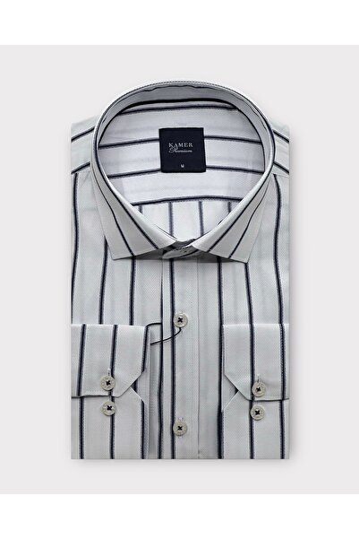 KAMER قميص رجالي بقصة عادية وأكمام طويلة وياقة كلاسيكية باللون الأبيض والأزرق الداكن 3686B