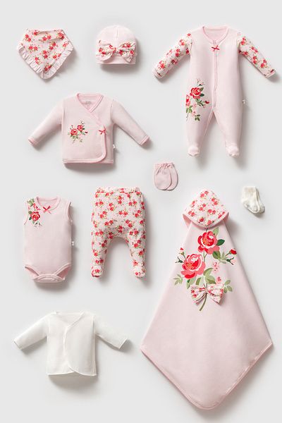 İmaj Baby Girl Rose 10-Piece Hospital Release – 100% Cotton Floral Patterned Bodysuit Set & Baby Set