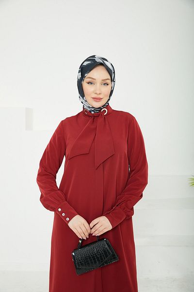 Armine Trend Hidden Button Collar Ribbon Detailed Tunic-Burgundy-25Yt450