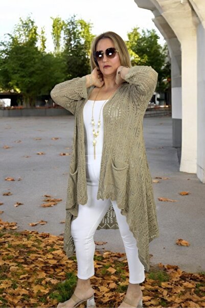 yagmurberen Asymmetric Cut Pocketed Shawl Collar Large Size Italian Mercerized Cardigan