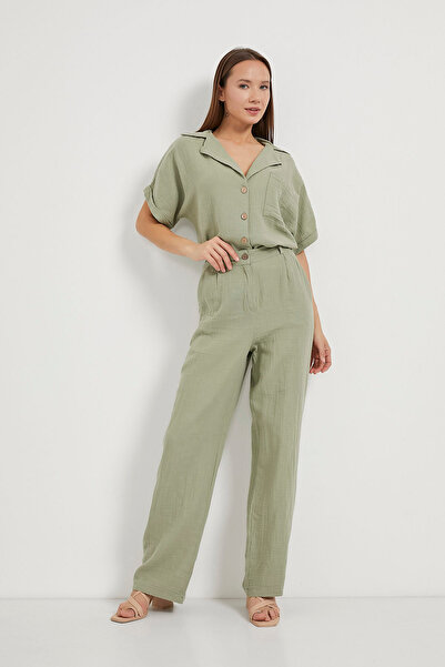 Arma Life Women's Elastic Waist Buttoned Muslin Khaki Loose Trousers