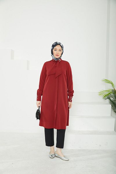 Armine Trend Hidden Button Collar Ribbon Detailed Tunic-Burgundy-25Yt450