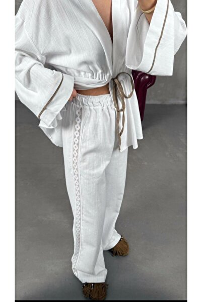 My Blog Fehér 100% pamut ujjú ing oldalsó csipke részletes nadrágkosztüm - 7493 - 3749