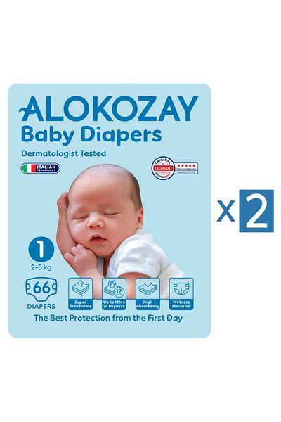 Alokozay Premium Baby Diapers - Size 1 (2-5 Kg) - 66 Diapers X Pack of 2