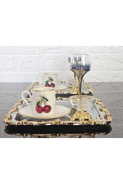atabey home collection 2 قطعة صينية تقديم وصينية القهوة والشاي - صينية فضية مصبوبة بإطار ذهبي وردي