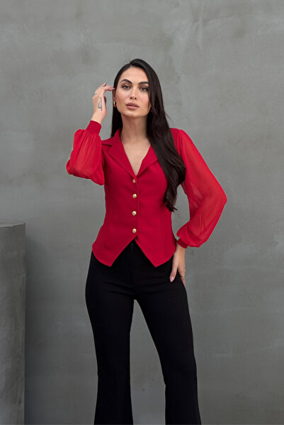 msm fashion Women's Shirt Buttoned Long Tulle Sleeve Jacket Lapel Waist Fitted Shirt