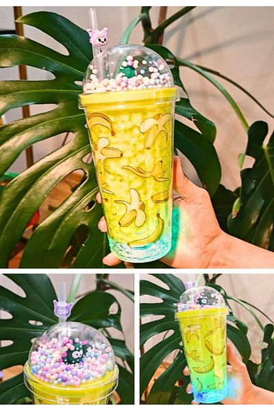 Lexi Bella Iced Glass with Straw, Led Light Water Bottle with Banana and Banana Figure 450ml 2768