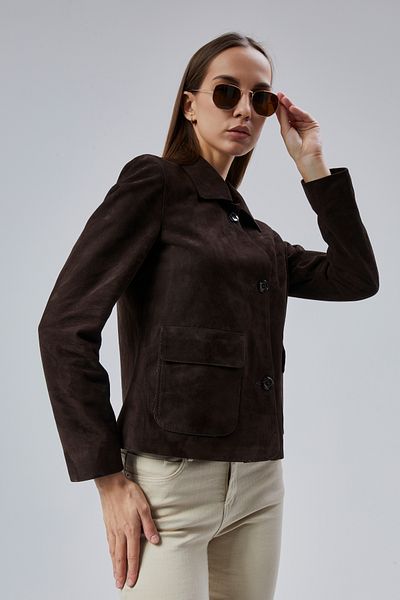 KENT Women's Buttoned Short Genuine Leather Brown Suede Jacket