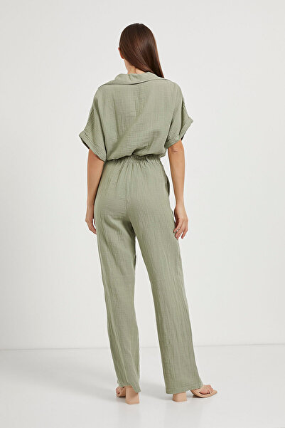 Arma Life Women's Elastic Waist Buttoned Muslin Khaki Loose Trousers