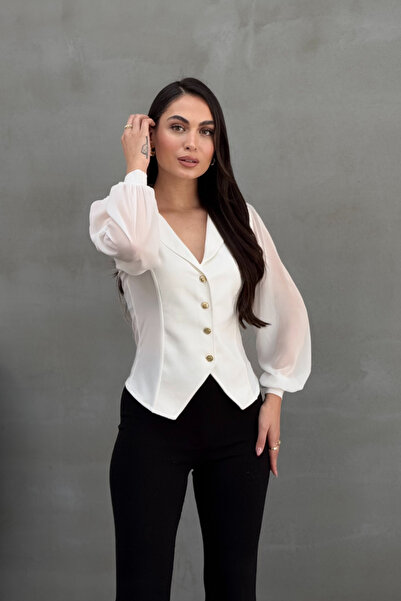 msm fashion Cămașă de damă, cu nasturi, cu mâneci lungi din tul, cu rever, cămașă cu talie