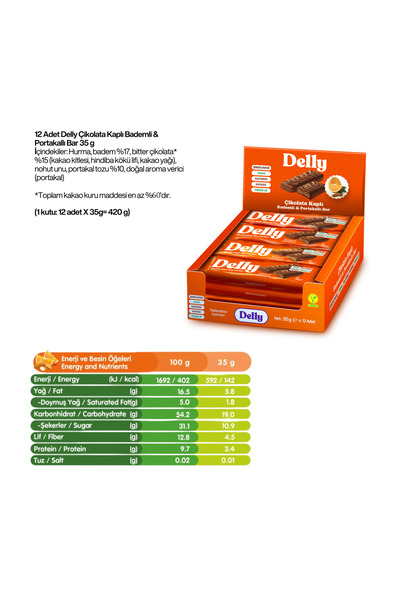Delly 12 Adet Çikolata Kaplı - Bademli & Portakallı Meyveli Bar 35g
