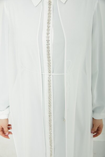 Armine TREND Armi̇ne trend front stone patterned collared tulle tunic-ecru-25yt417