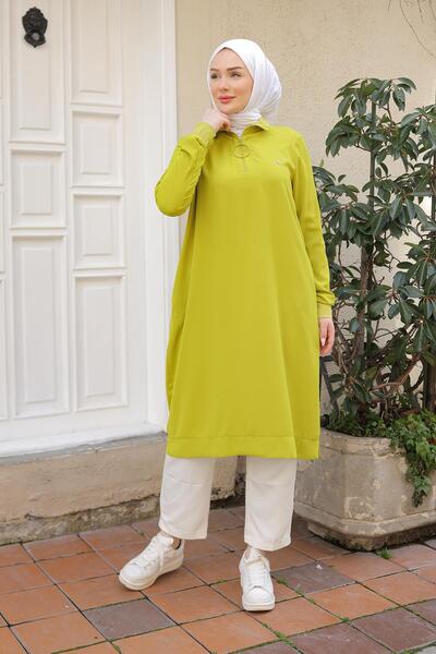 Armine TREND Armi̇ne Trend Ribbed Zippered Crepe Fabric Tunic-Pistachio Green 25Yt460