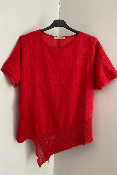 AYASOFYA OTANTIK Women's Red Asymmetrical Mesh Detailed Linen Blouse