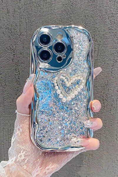 TAKIŞTIR Gümüş Renk Kalp Figürlü Sim Detaylı 15 Pro Max Telefon Kılıfı