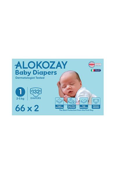 Alokozay Premium Baby Diapers - Size 1 (2-5 Kg) - 66 Diapers X Pack of 2