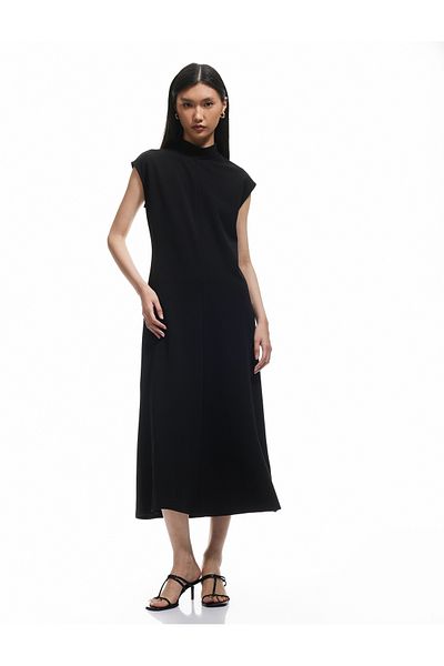 Koton Φόρεμα Crepe Scuba Fabric Slim Fit Ελαφρύ όρθιο γιακά αμάνικο μίντι φόρεμα