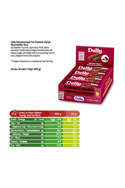 Delly 12 Adet Çikolata Kaplı - Yer Fıstıklı & Vişneli Meyveli Bar 35g