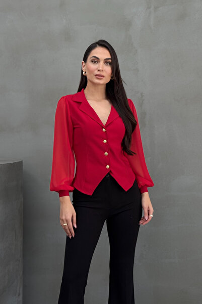 msm fashion Women's Shirt Buttoned Long Tulle Sleeve Jacket Lapel Waist Fitted Shirt