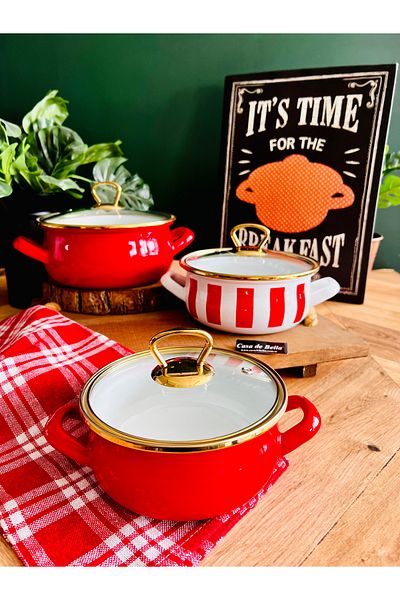CASA DE BELLA Enameled Red Striped 3 Size Hot Pot Set