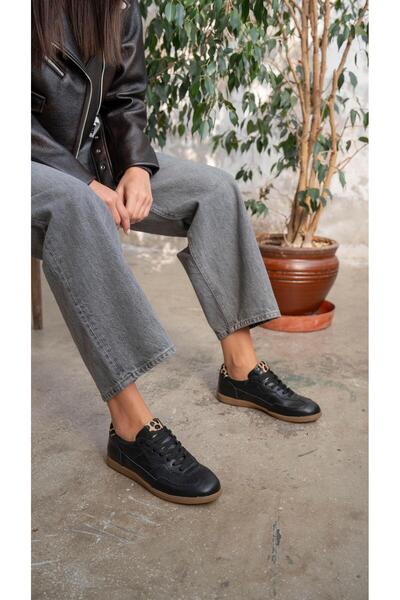 ECENİN BUTİĞİ Solomon Siyah-Leopar Hakiki Deri Kadın Spor Ayakkabı