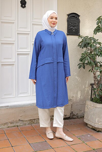 Armine TREND Armi̇ne Trend Shirt Collar Hidden Button Tunic-Indigo 25Yt435
