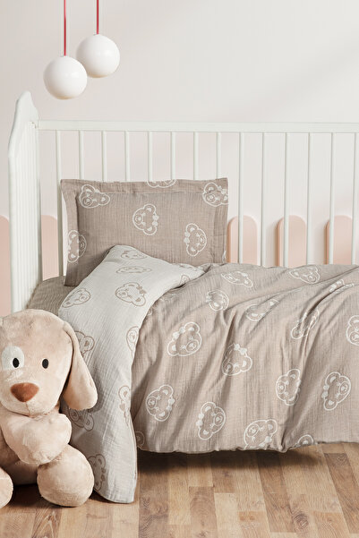 Kanz Bebek Müslin %100 Pamuk Jakarlı Nevresim Takımı - Bear Kahve