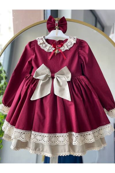 SAYUKER SHOP Kız Çocuk %100 Pamuk Antialerjik Bordo Bayram Elbisesi, Prenses Vintage Doğum Günü Elbisesi + Toka