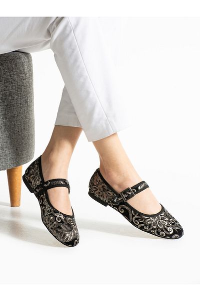 ALEMDAR AYAKKABI Balerini de damă GUNDY cu broderie neagră