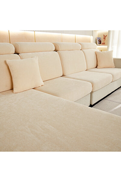 Choice غطاء أريكة شينيل عالي المرونة بلون بيج، غطاء وسادة أريكة أحادي اللون، مناسب لجميع المواسم