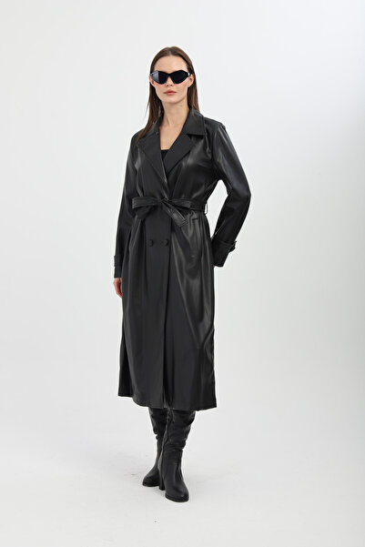 Milamia Bel Bağlamalı Siyah Deri Trençkot