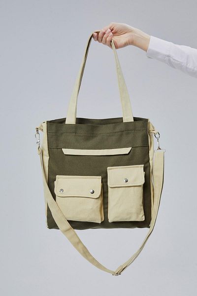 Çınar Bez Çanta Canvas Front Pockets Snap Bag (Dark Green - Beige)