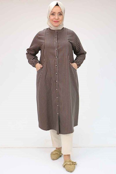 Eslina 48072 Large Size Tunic with Elastic Sleeves - Brown