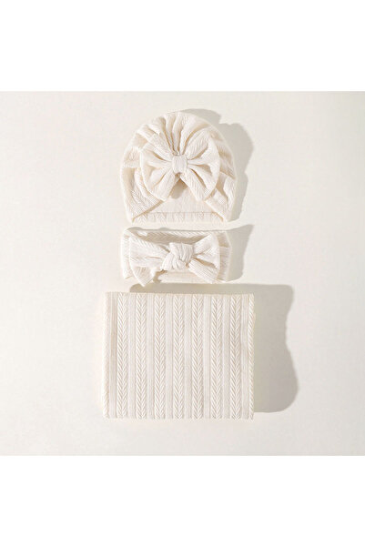 Choice طقم بطانية وقبعة وربطة رأس للأطفال باللون العاجي H430