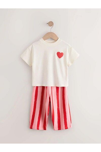 Magu Girl's Cotton Ecru T-Shirt & Red Striped Shorts Set - Heart Pattern