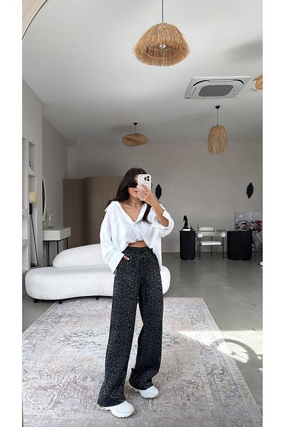 Buket Teke Black Leopard Print Silk Satin Trousers