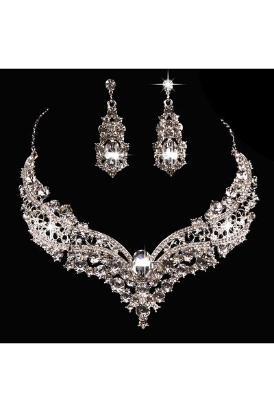 Choice as 3Pcs Set Bridal Necklace Alloy Inlaid With Rhinestones Large Crystal Necklace Earrings Decor Wedd