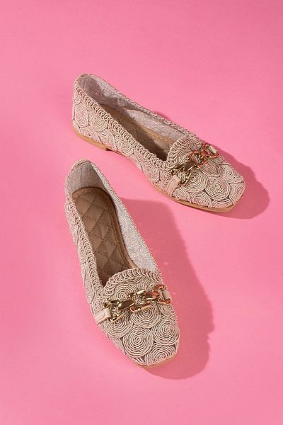 FUGA MODA Balerini Marsa Beige Circle cu centură de perle brodate