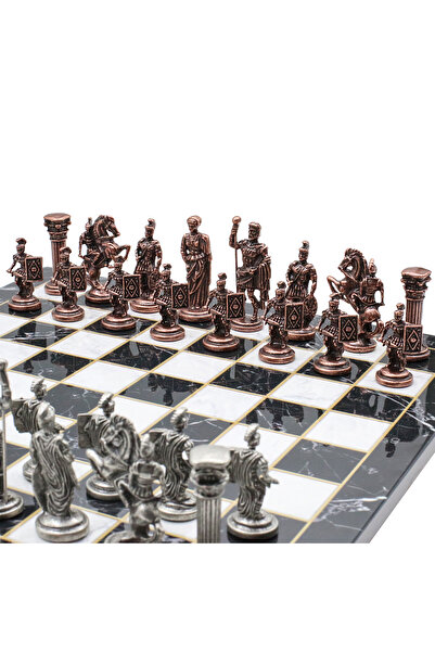 Cooper Chess 37cm Mermer Desenli Bronz Antik Roma Asker Kare Kalkan Figür Satranç Takımı Dekoratif Hediyelik Set