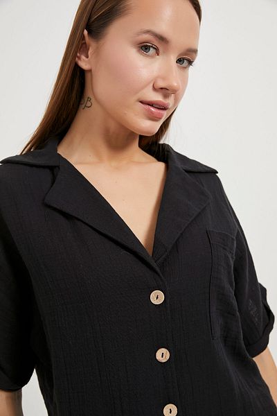 Arma Life Cămașă neagră oversize de damă, cu buzunare de muselină, cu nasturi