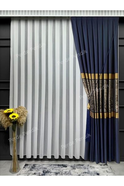 Perde Pendik أزرق داكن ذهبي - ستارة خلفية منقوشة بنقشة دمشقية عالية الجودة (جنحة واحدة)