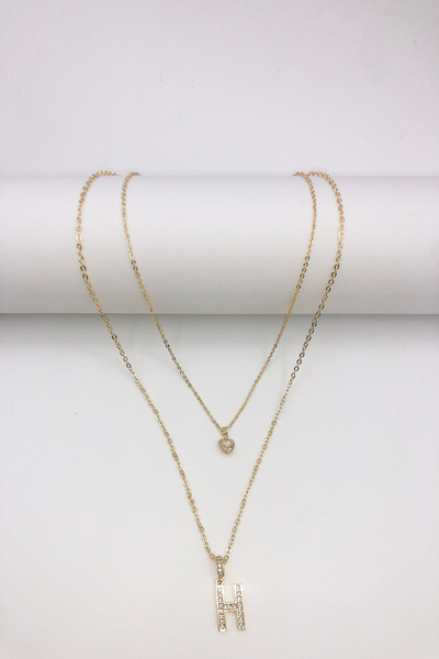 Luxe Loom Zarafetin Işıltısı Kadın Kararmayan Çelik Gold Zirkon Taşlı Küçük Kalpli H Harfli Çift Katman Çelik Kolye 006