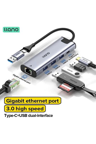 Choice قاعدة توصيل سيلفر لانو 2 في 1 USB 3.0 بخمسة منافذ جيجابت إيثرنت، منفذ USB/USB C إلى USB/Type-C/Eth