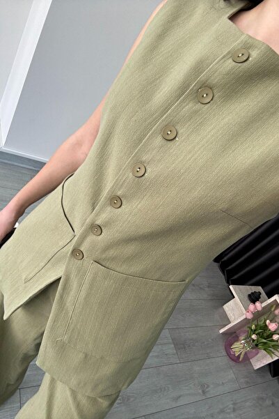 ECEMİ Pocket Detail Khaki Linen Vest Trousers Set