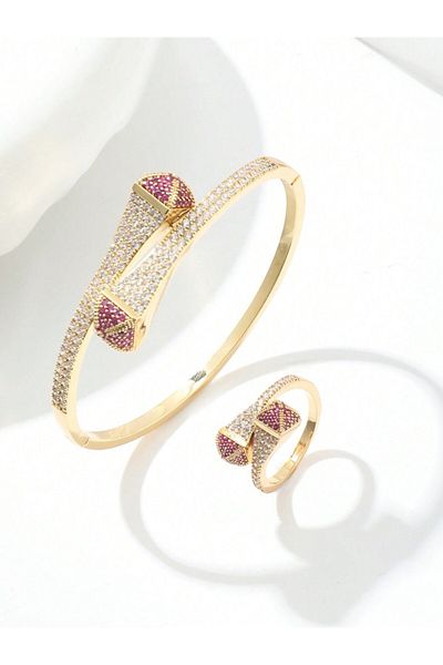Choice Light Yellow Gold Color 1 French color Zirconium cool air open vintage non-fading bracelet ring set